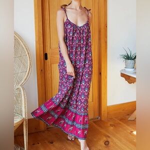 Emerson Fry India Collection Olivia Dress Pink Indigo Sleeveless Cotton Maxi S